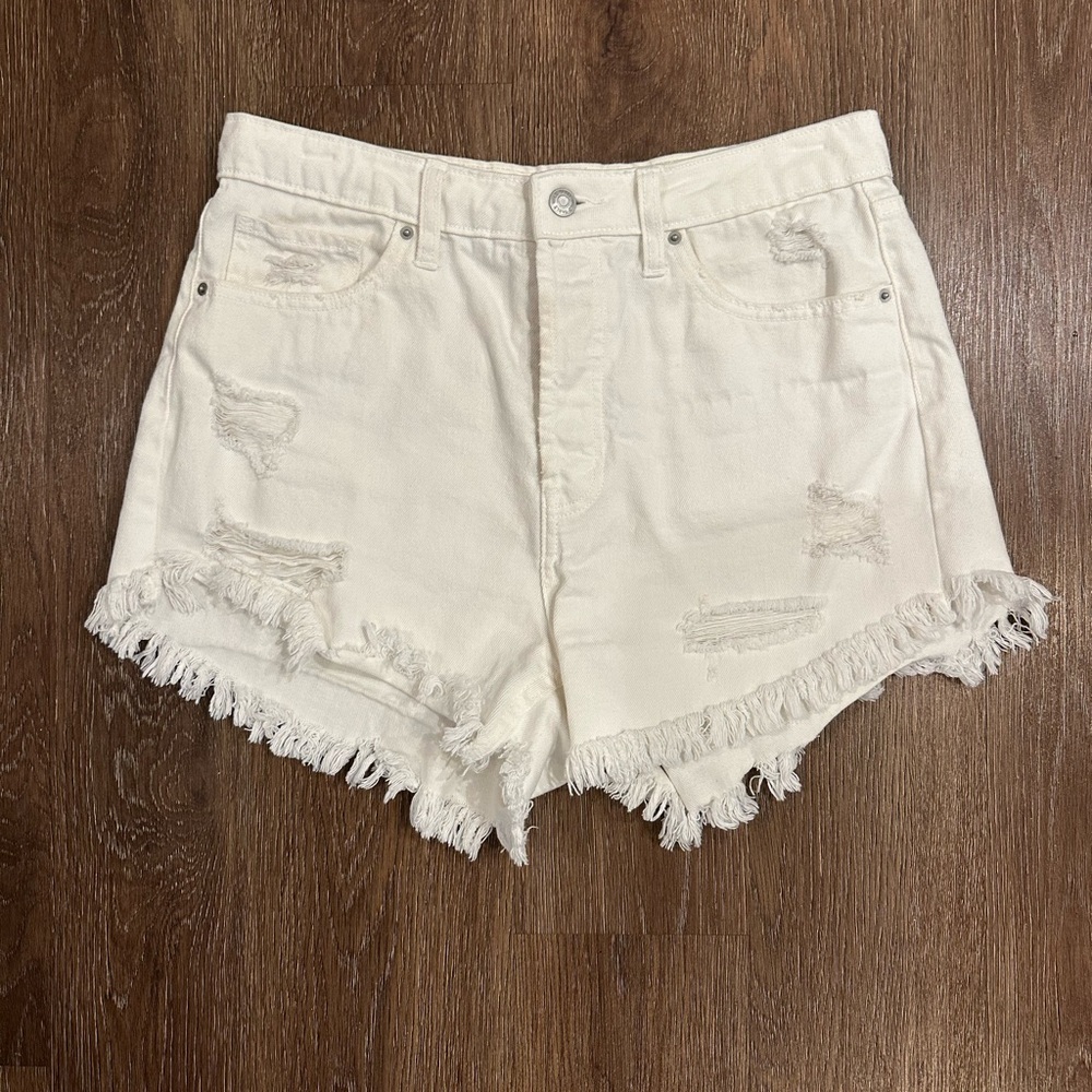 White Fringed Distressed Denim Shorts